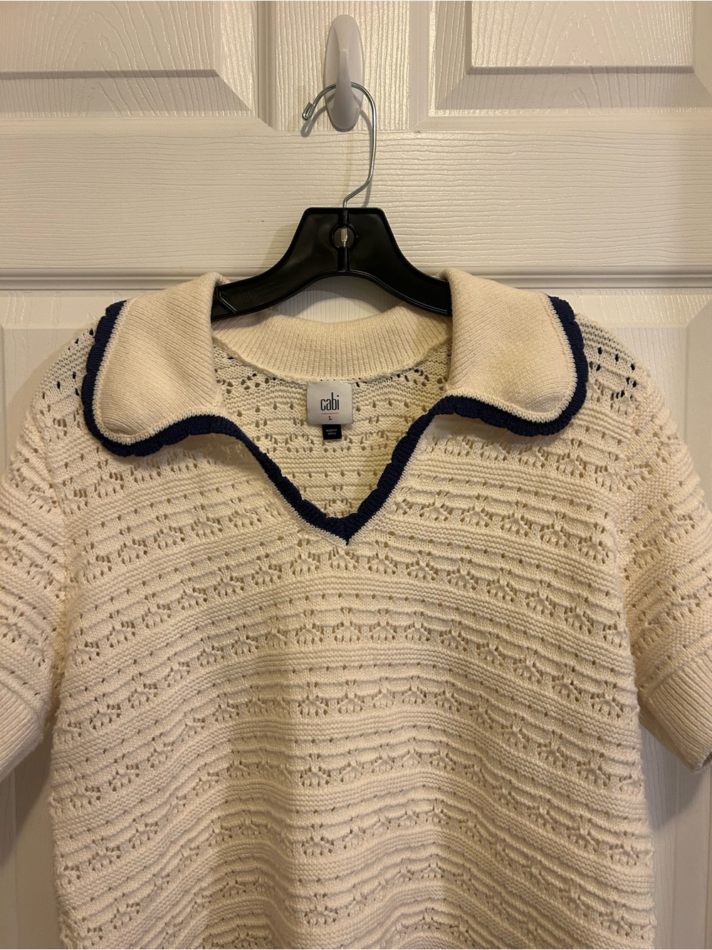 CAbi Cream Loom Pullover with Navy Trim - Picture 8 of 12